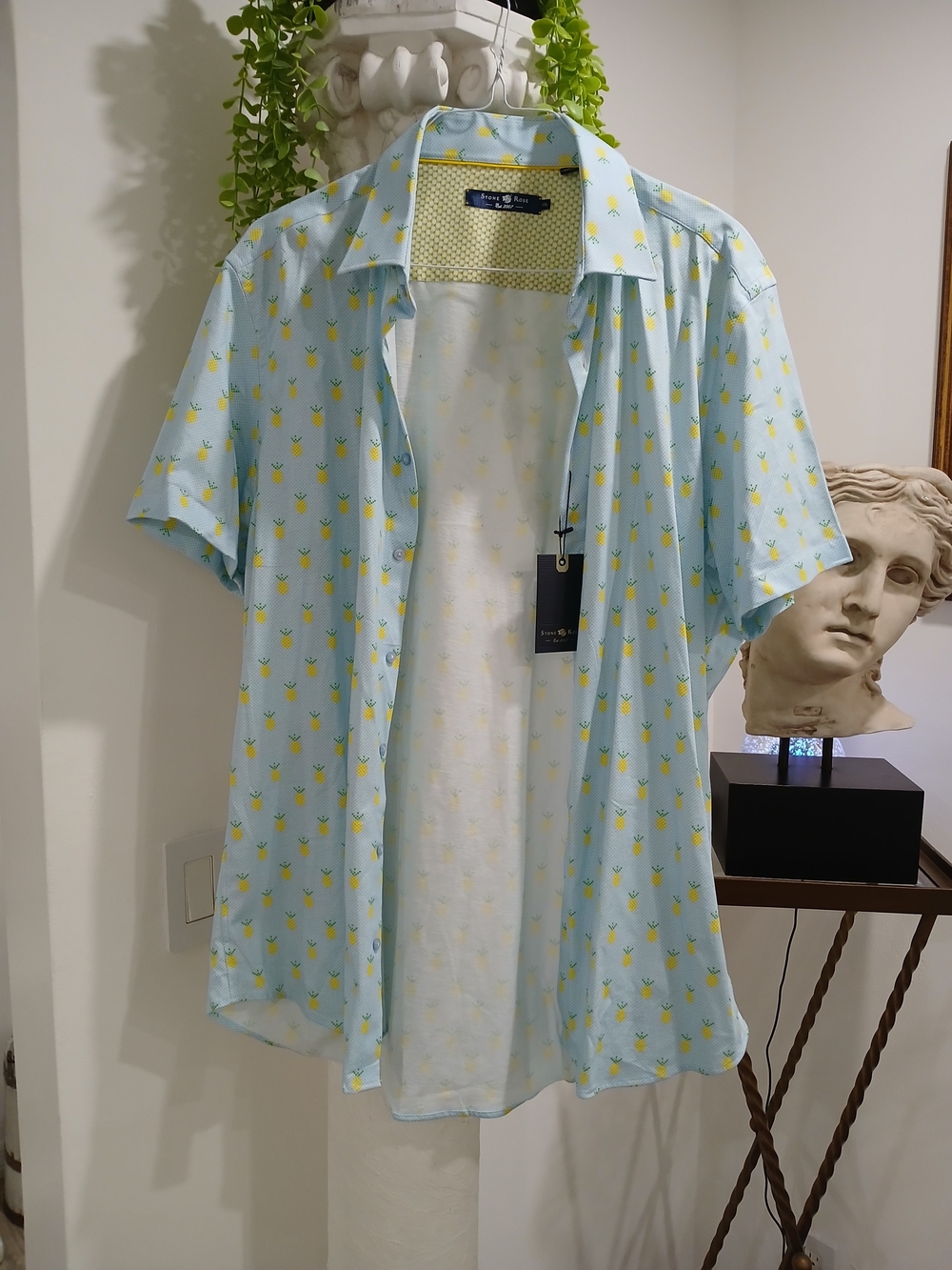 Stone Rose Light Blue Short-Sleeve Button-Down Shirt with Yellow Pineapple Print